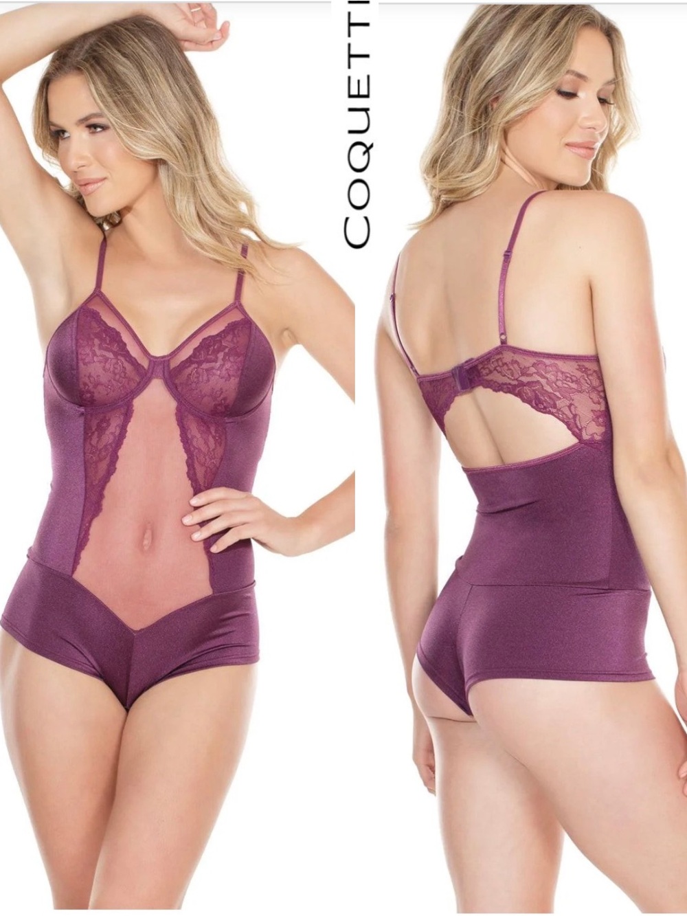 Coquette Plum Perfect Teddy Lace Mesh Bodysuit Lingerie Purple L